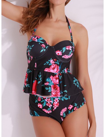 Halter Two-sided Striped Flower Printed High Elastic Conservative Bathing Suits