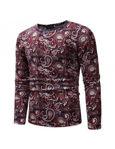 Mens Cashew Flowers Printing Crew Neck Long Sleeve Slim Fit Casual T shirt