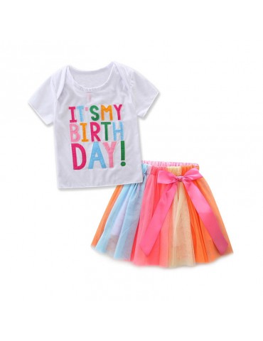 2Pcs Toddlers Girls Colorful Letter Tops Shirt+Lace Skirt Kids Birthday Outfits Set For 1Y-9Y
